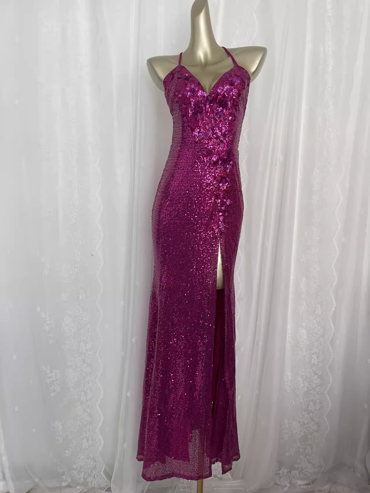 Cute Sheath Spaghetti Straps Sequin Pink Long Vacation Dress Birthday Dresses SD0070