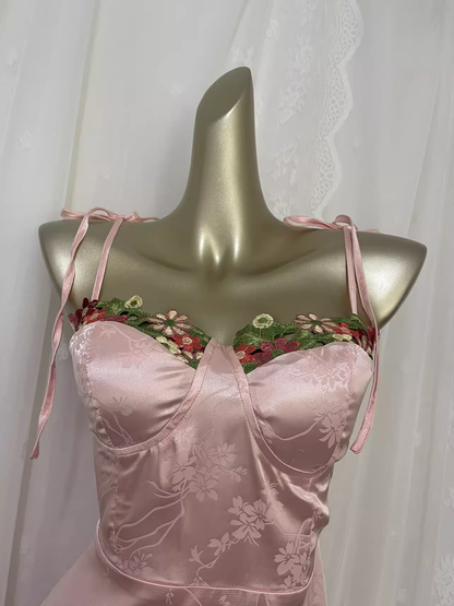 Sexy A line Spagetti Straps Pink Satin Floral Vacation Dress Birthday Dresses SD0072