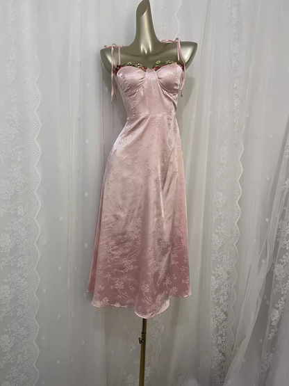 Sexy A line Spagetti Straps Pink Satin Floral Vacation Dress Birthday Dresses SD0072