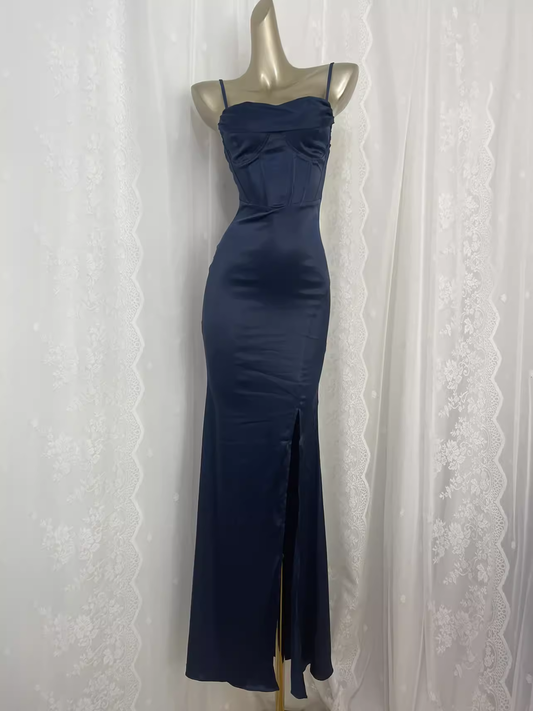 Sexy Sheath Spaghetti Straps Navy Blue Long Vacation Dress Birthday Dresses SD0074