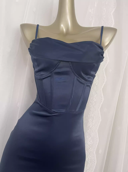 Sexy Sheath Spaghetti Straps Navy Blue Long Vacation Dress Birthday Dresses SD0074