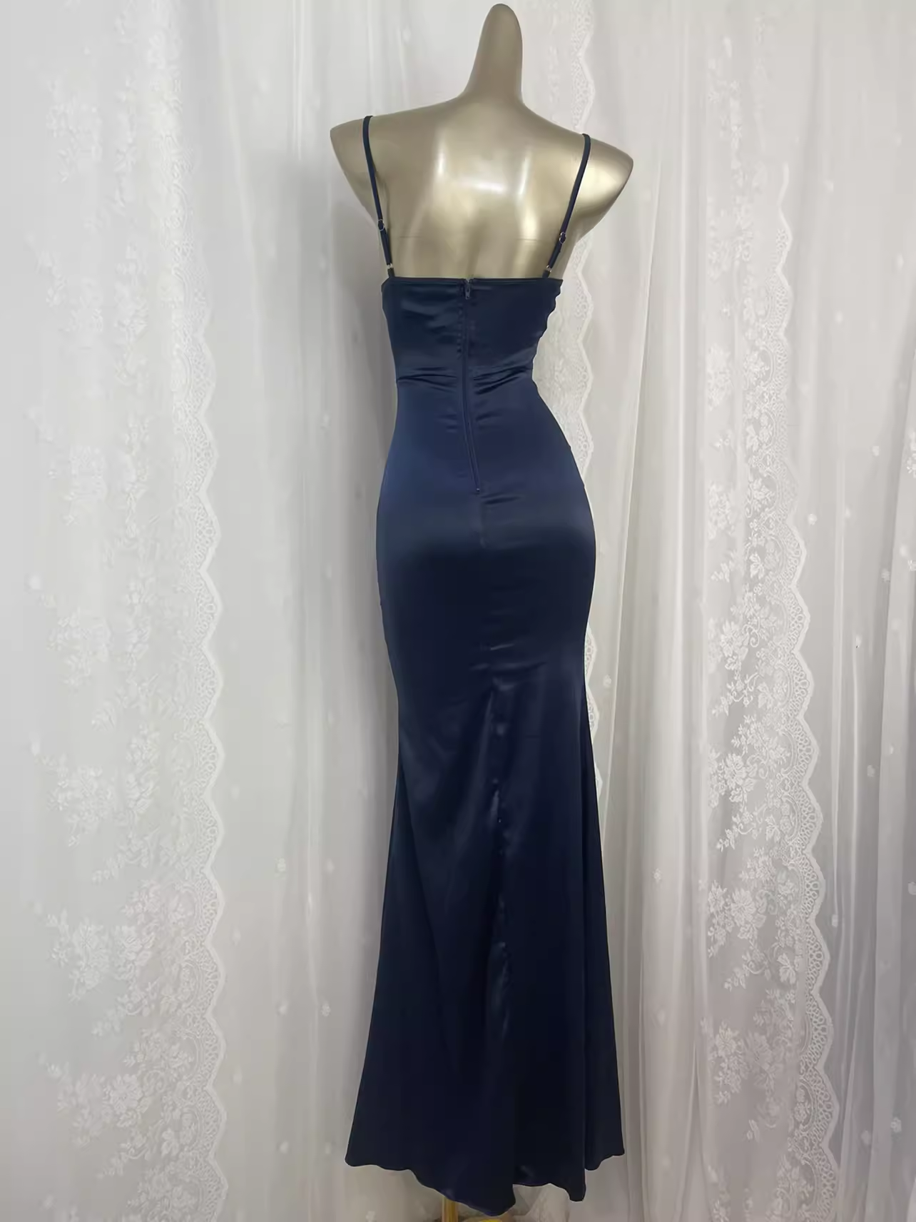 Sexy Sheath Spaghetti Straps Navy Blue Long Vacation Dress Birthday Dresses SD0074