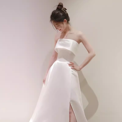 Simple A Line Strapless Satin Ivory Wedding Dresses SD0075