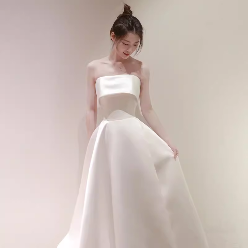 Simple A Line Strapless Satin Ivory Wedding Dresses SD0075