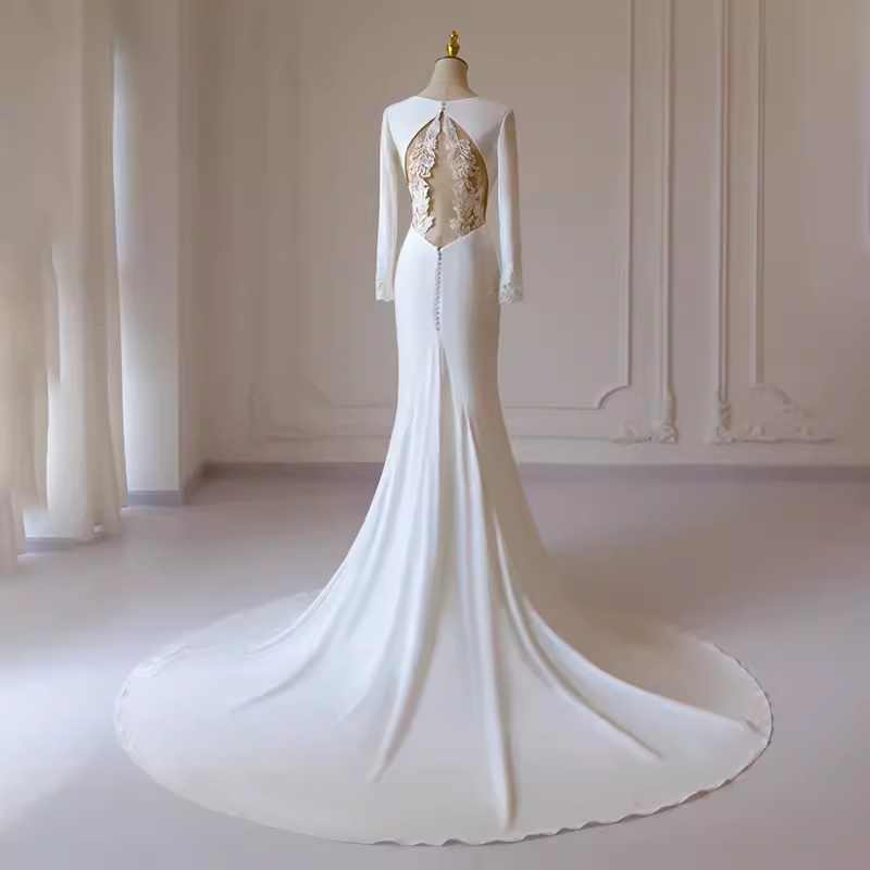 Simple Mermaid V Neckline Satin Ivory Long Sleeves Wedding Dresses SD0077