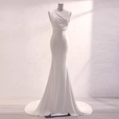 Simple Mermaid Satin White Long Wedding Dresses Brides Dress SD0079