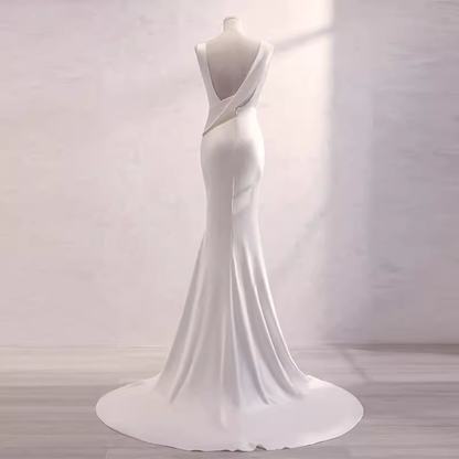 Simple Mermaid Satin White Long Wedding Dresses Brides Dress SD0079