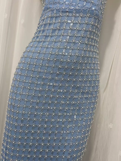 Simple Sheath Straplesss Blue Sequin Slit Vacation Dress Long Birthday Outfits SD007