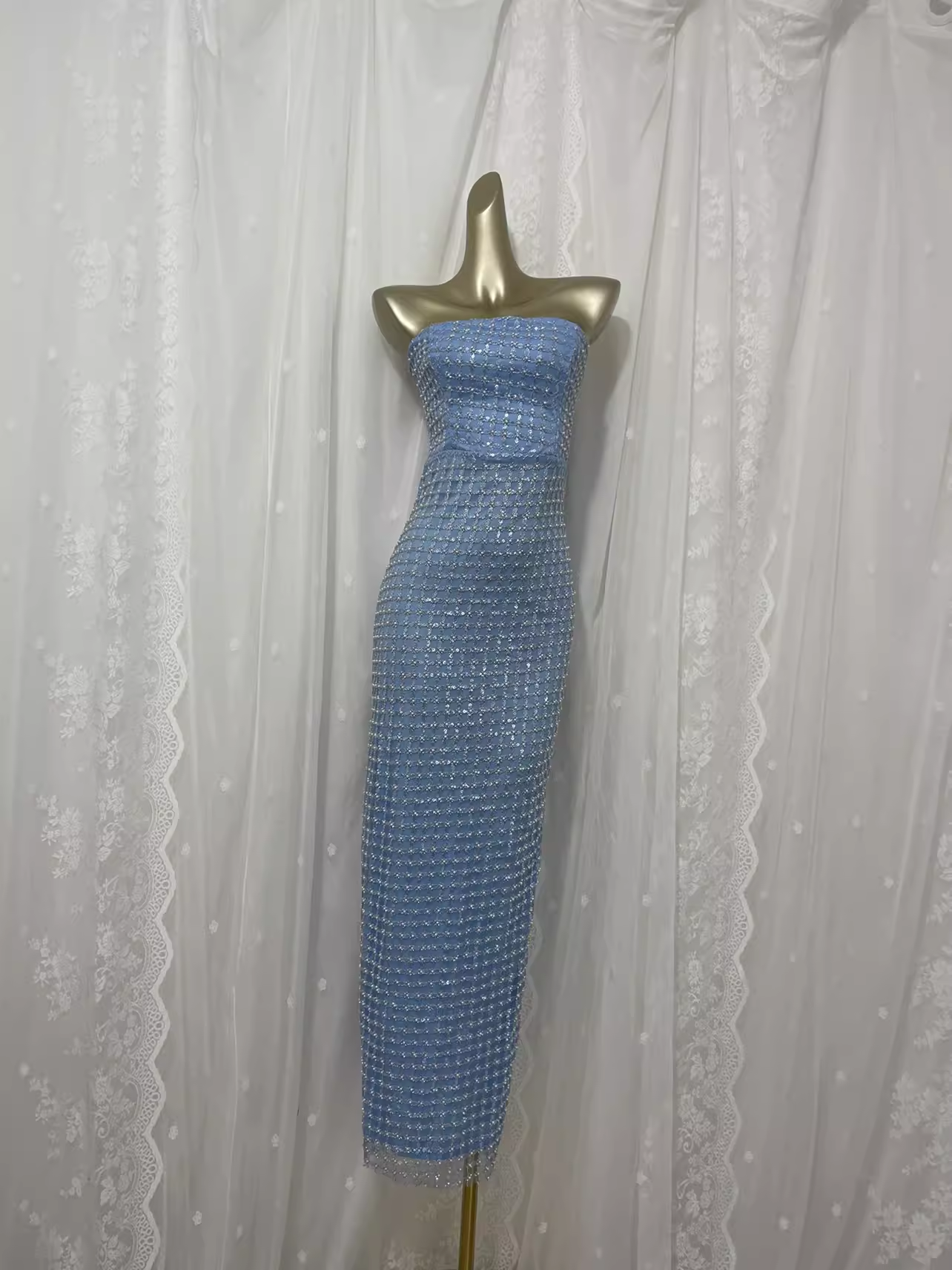 Simple Sheath Straplesss Blue Sequin Slit Vacation Dress Long Birthday Outfits SD007