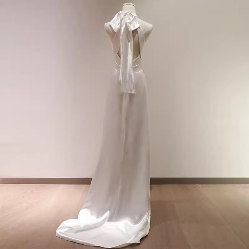 Simple Sheath Satin White Long Wedding Dresses Backless Brides Dress SD0080