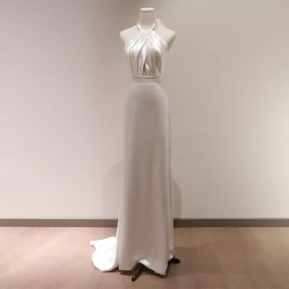 Simple Sheath Satin White Long Wedding Dresses Backless Brides Dress SD0080