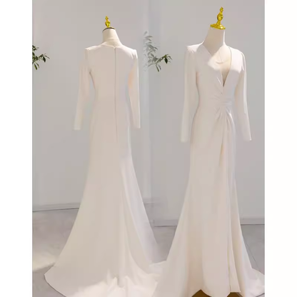 Sexy Mermaid Long Sleeves V Neckline Satin White Long Wedding Dresses Brides Dress SD0081