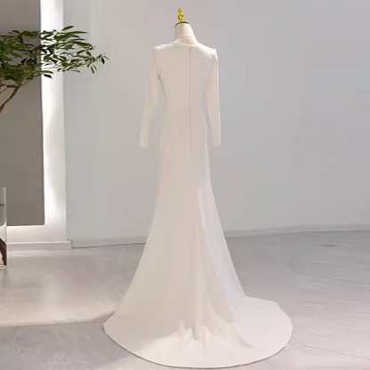 Sexy Mermaid Long Sleeves V Neckline Satin White Long Wedding Dresses Brides Dress SD0081