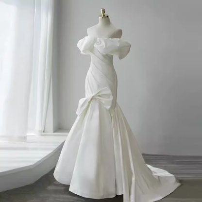 Sexy Mermaid Off The Shoulder Satin White Long Wedding Dresses Brides Dress SD0087