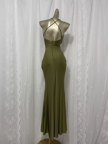 Simple Sheath Halter Green Long Vacation Dress Birthday Outfits SD008