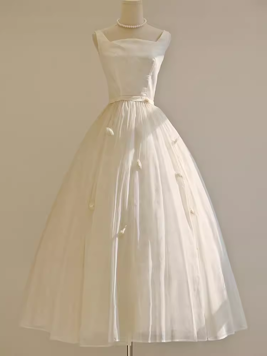 Vintage Ball Gown Bateau White Tea Length Wedding Dresses Brides Dress SD0090