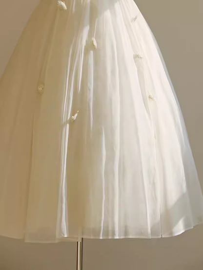 Vintage Ball Gown Bateau White Tea Length Wedding Dresses Brides Dress SD0090