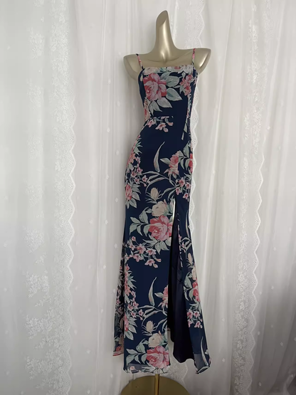 Vintage Sheath Spaghetti Straps Blue Rose Travel Vacation Floral Beach Dress Long Dress SD009