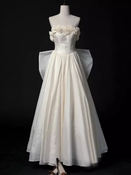 Vintage A line Strapless Satin White Long Wedding Dresses Brides Dress SD0088