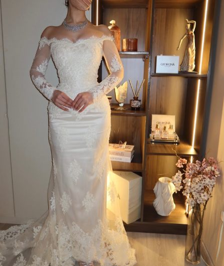 Elegant Off The Shoulder White Satin Lace Mermaid Long Wedding Dress D4980