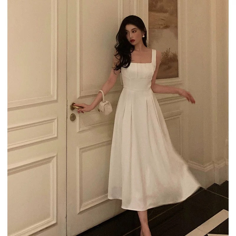 Sexy A line Square Neckline White Satin Prom Dresses Birthday Outfits Evening Gown SD1003