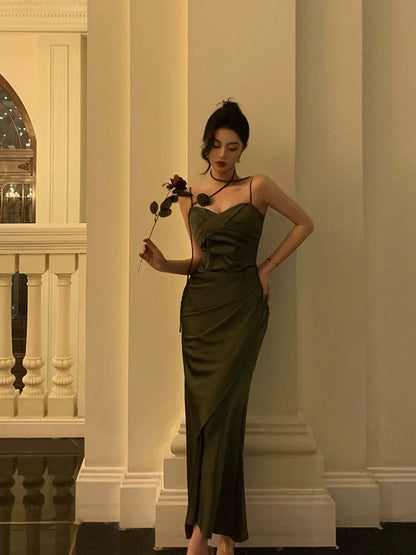 Vintage Sheath Spaghetti Straps Green Satin Long Prom Dresses Evening Gowns SD1005