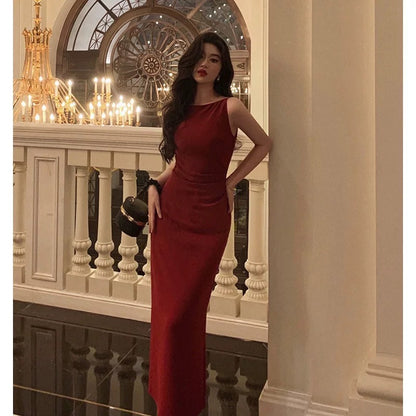 Sexy Sheath Jewel Neckline Red Long Prom Dresses Birthday Outfits Evening Gown SD1012