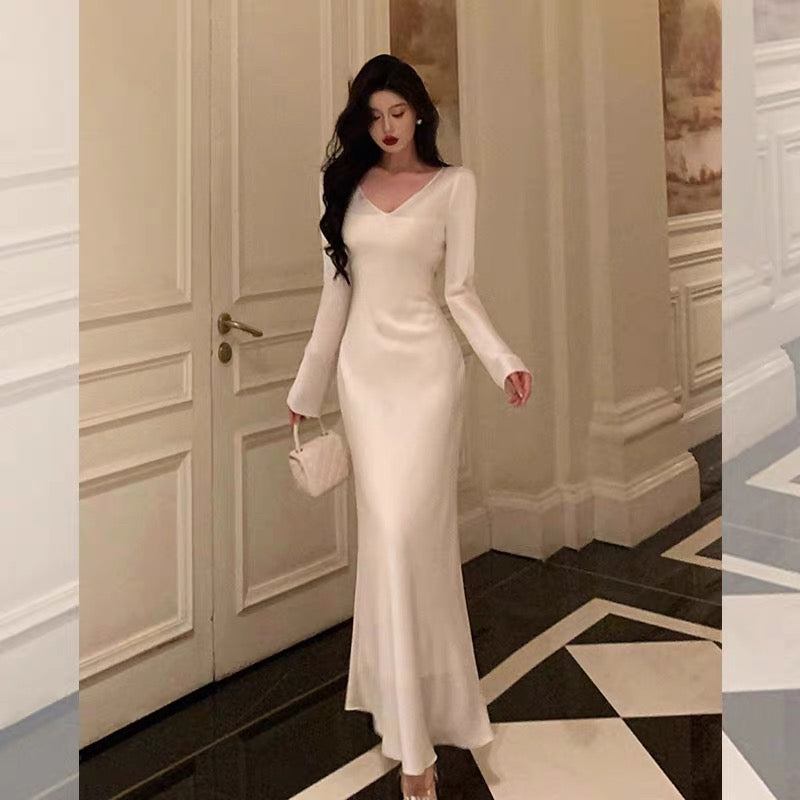 Sexy Sheath V Neckline Ivory Long Prom Dresses Birthday Outfits Evening Gown SD1017