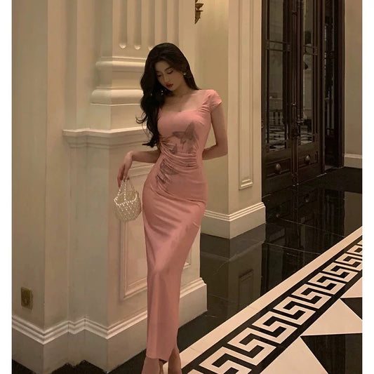 Sexy Sheath Square Neckline Pink Prom Dresses Slit Birthday Outfits Evening Gown SD1021