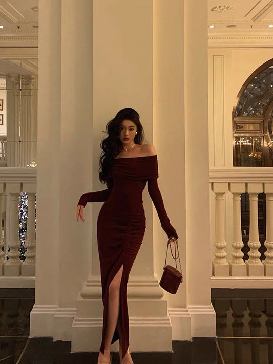 Sexy French Sheath Off The Shoulder Burgundy Split Prom Dresses Birthday Outfits Evening Gown SD1043