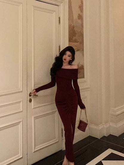 Sexy French Sheath Off The Shoulder Burgundy Split Prom Dresses Birthday Outfits Evening Gown SD1043