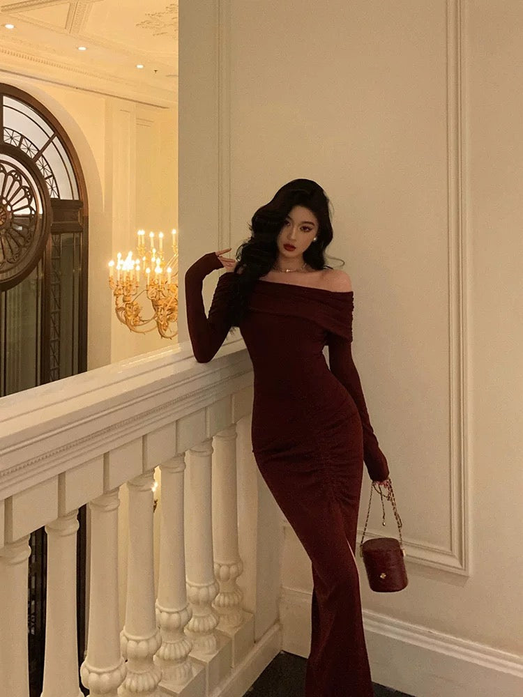 Sexy French Sheath Off The Shoulder Burgundy Split Prom Dresses Birthday Outfits Evening Gown SD1043