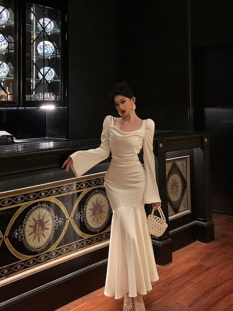 Sexy French Sheath Square Neckline Ivory Long Sleeves Prom Dresses Birthday Outfits Evening Gown SD1057