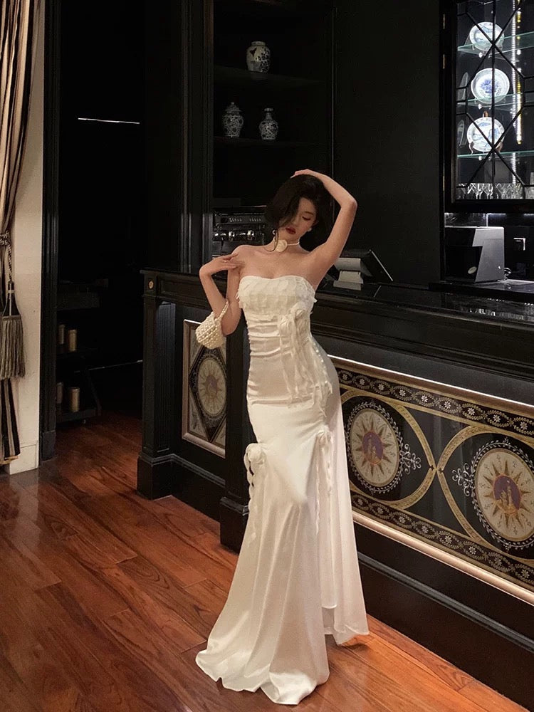 Gorgeous Sheath Strapless White Date Night Dress Long Prom Dresses Birthday Outfits SD1059