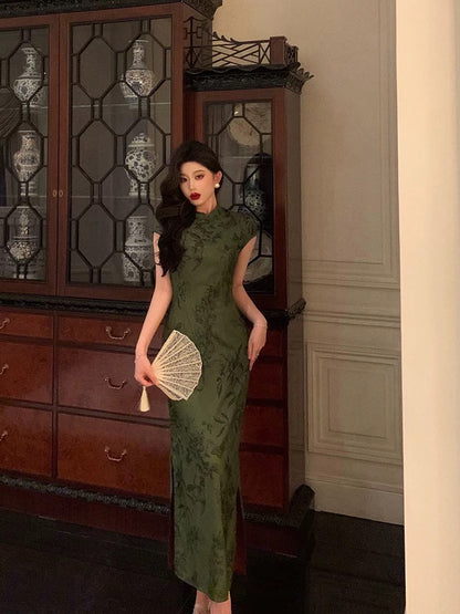 Gorgeous Sheath High Neckline Short Sleeves Green Date Night Dress Long Prom Dresses Birthday Outfits SD1068