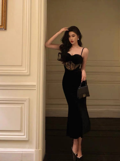 Gorgeous Sheath Spaghetti Straps Black Lace Date Night Dress Long Prom Dresses Birthday Outfits SD1078