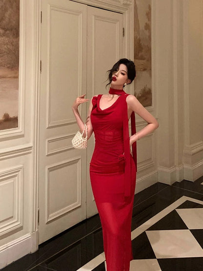 Classy Sheath Spaghetti Straps Red Prom Dresses Birthday Outfits Evening Gown SD1084