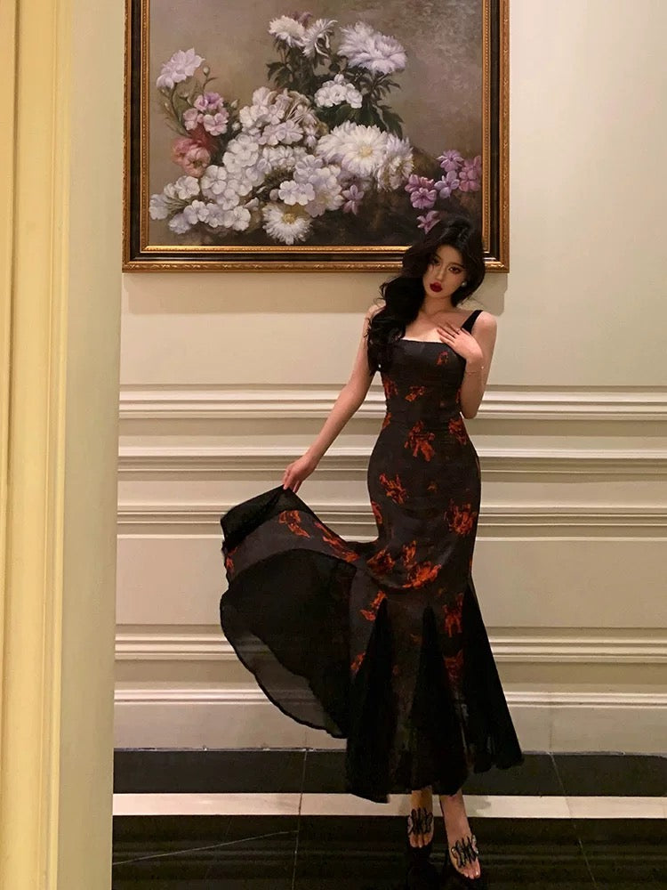 Classy Sheath Straps Black Floral Prom Dresses Birthday Outfits Evening Gown SD1096