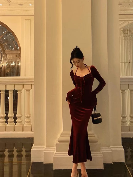 Gorgeous Mermaid Halter Burgundy Date Night Dress Prom Dresses Birthday Outfits SD1099