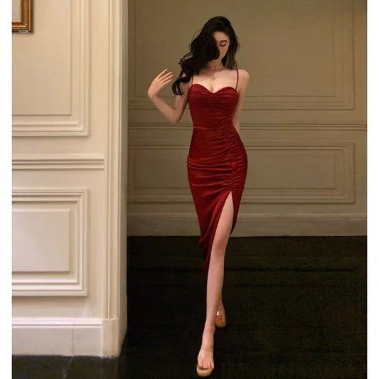 Classy Sheath Spaghetti Straps Burgundy Prom Dresses Birthday Outfits Evening Gown SD1111