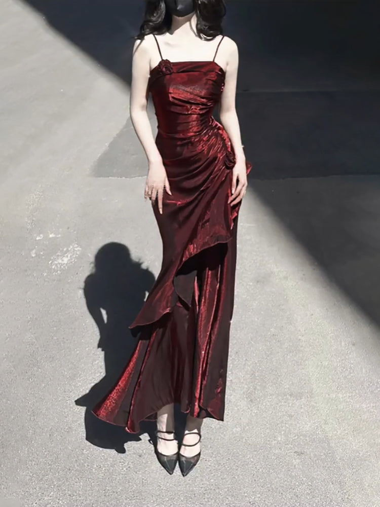 Chic A line Spaghetti Straps Christmas Dress Burgundy Birthday Dresses