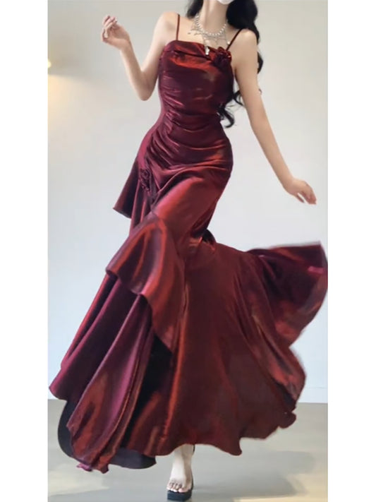 Chic A line Spaghetti Straps Christmas Dress Burgundy Birthday Dresses Birthday Outfits SD1128