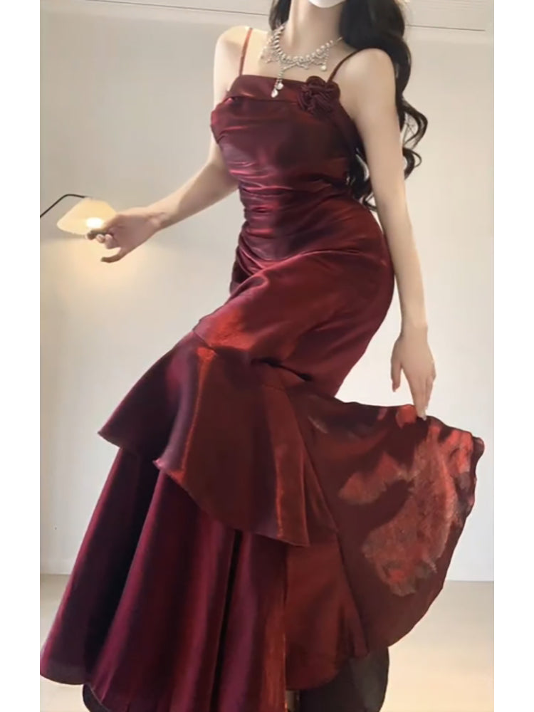 Chic A line Spaghetti Straps Christmas Dress Burgundy Birthday Dresses Birthday Outfits SD1128