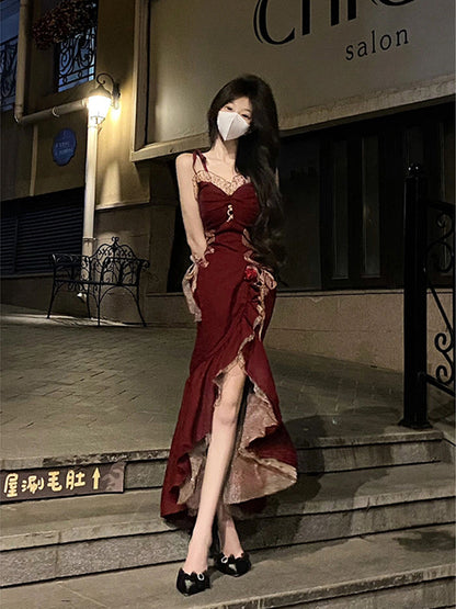 Princess High Low Spaghetti Straps Lolita Dress Christmas Dress Burgundy Birthday Dresses SD1129