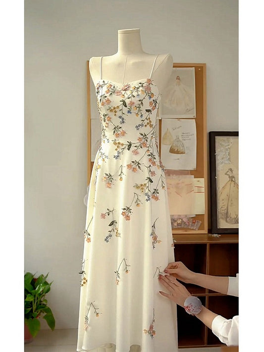 Sexy A line Spaghetti Straps Ivory Floral Satin Prom Dresses Birthday Outfits Evening Gown SD1136