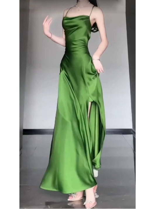 Sexy Sheath Spaghetti Straps Green Satin Beach Dress Women's Vacation Dresses SD1145