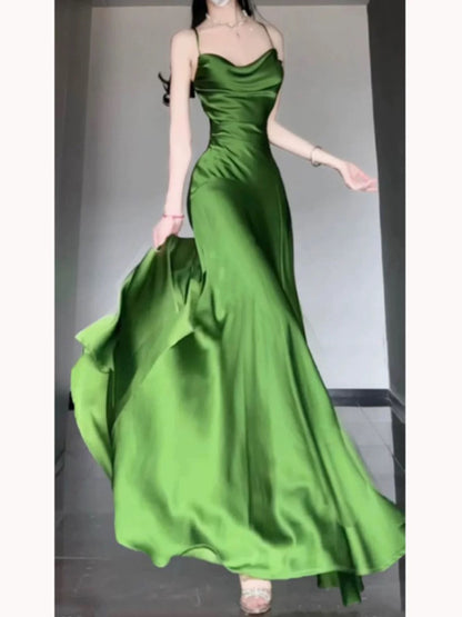 Sexy Sheath Spaghetti Straps Green Satin Beach Dress Women's Vacation Dresses SD1145