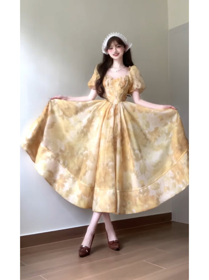 Sexy French A line Square Neckline Yellow Holiday Dress Floral Birthday Dresses Birthday Outfits SD1149