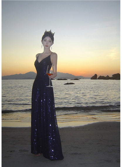 Sexy Sheath Spaghetti Straps Blue Sequin Beach Dress Women's Vacation Dresses Prom Dress SD1152