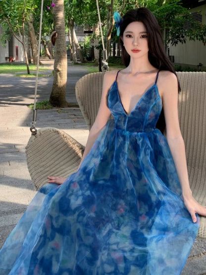 Sexy A line Spaghetti Straps Blue Floral Backless Holiday Beach Dress Women's Long Vacation Dresses SD1155